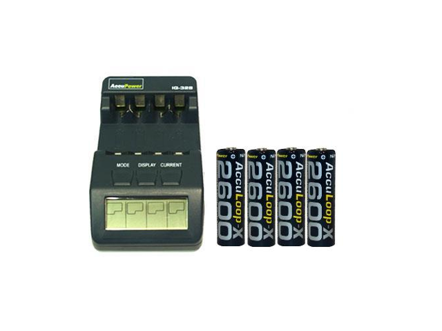 IQ-328 AA / AAA LCD Charger & 4 AA AccuPower AccuLoop-X Batteries (2600 mAh)