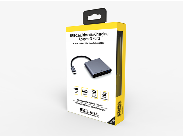 EZQuest USB-C Multimedia Charging Adapter 3 Ports (HDMI 4K, 60Hz, USB 3.0, USB-C)
