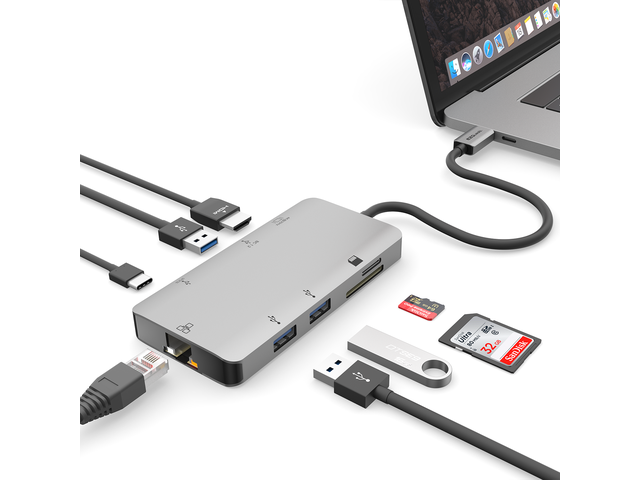 EZQuest USB-C Multimedia Hub Adapter 8 Ports (HDMI 4K 30Hz, 100 Watts USB-C Power Delivery 3.0, Gigabit Ethernet, 3X USB 3.0 Ports with one BC1.2...