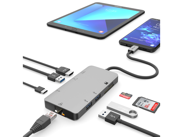 EZQuest USB-C Multimedia Hub Adapter 8 Ports (HDMI 4K 30Hz, 100 Watts USB-C Power Delivery 3.0, Gigabit Ethernet, 3X USB 3.0 Ports with one BC1.2...