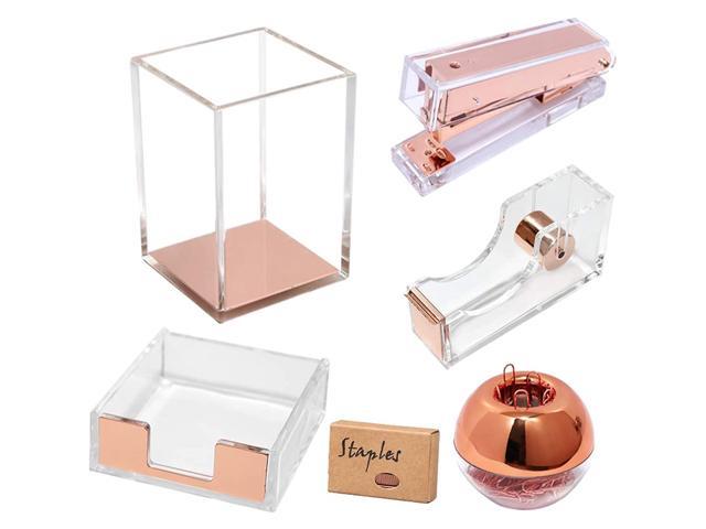 Clear Rose Gold Acrylic Office Supplies Desk Organizer Set Tape Dispenser, Stapler, Sticky Notes Tray, Magnetic Paper Clips Holder, Pen Pencil.