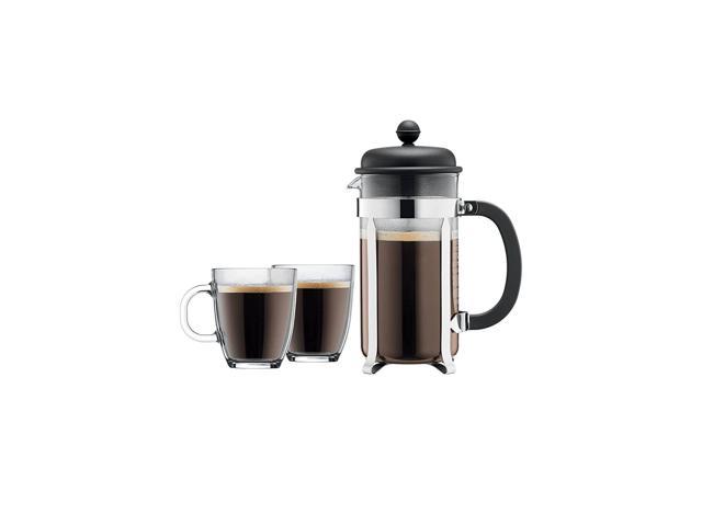 New Bodum Caffettiera French Press Coffee Maker, 8 Cup, 1 Liter, 34Oz With 2 Glass Mugs, 0.35 Liter, 12Oz