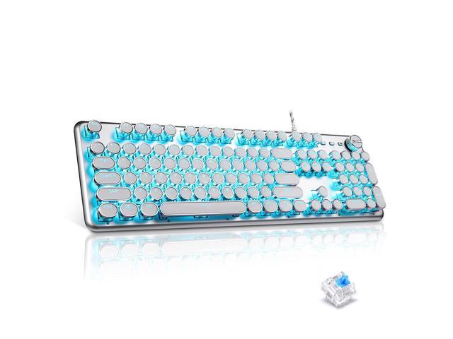 Mechanical Gaming Keyboard With 30 Led Backlits White Retro Typewriter Keyboard Full-Size 104 Keys Usb Wired Retro Steampunk Keyboard Blue Switch.