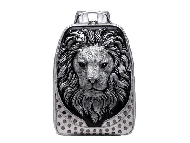 Mens 3D Lion Pu Emboss Rivet Punk Backpack Rock Personality Laptop Bag Creative Travel Leisure, Silver, One Size