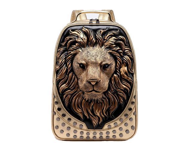 Mens 3D Lion Pu Emboss Rivet Punk Backpack Rock Personality Laptop Bag Creative Travel Leisure, Gold, One Size