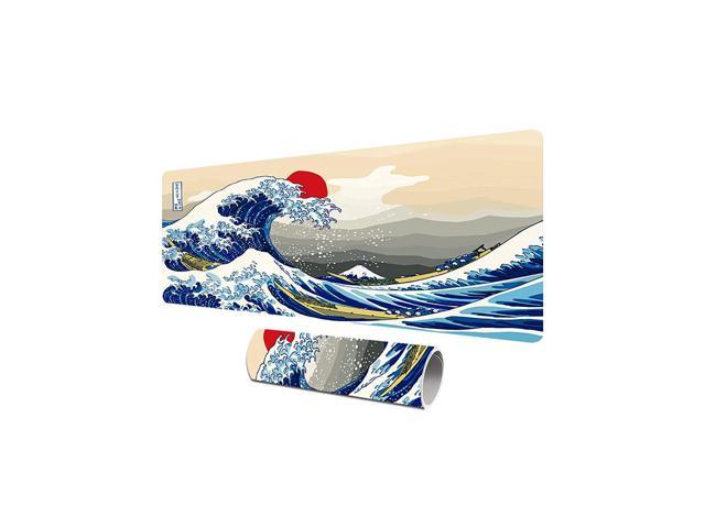 Japanese Sea Wave Large Mouse Pad, Cool Extended Gaming Desk Pad, Office Desk Mat, Pu Leather Waterproof Mousepad, Hd Printing, For School Office Home.