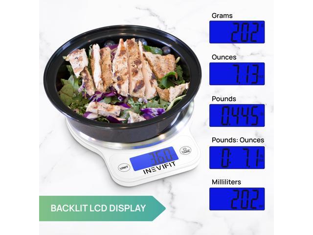 INEVIFIT DIGITAL KITCHEN SCALE, Highly Accurate Multifunction Food Scale 13 lbs 6kgs Max, Clean Modern White with Premium Stainless Steel Finish....