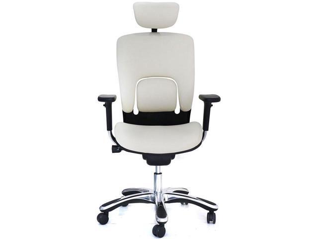 GM Seating Ergolux Genuine Leather Executive Hi Swivel Chair Chrome Base with Headrest, White