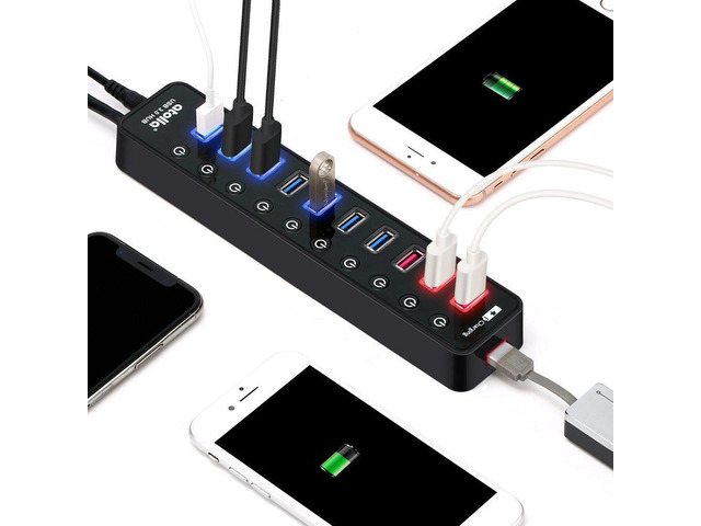 powered usb 3.0 hub, atolla usb 3.0 data hub 11 ports - 7 usb 3.0 data ports + 4 smart charging port with individual on/off swi