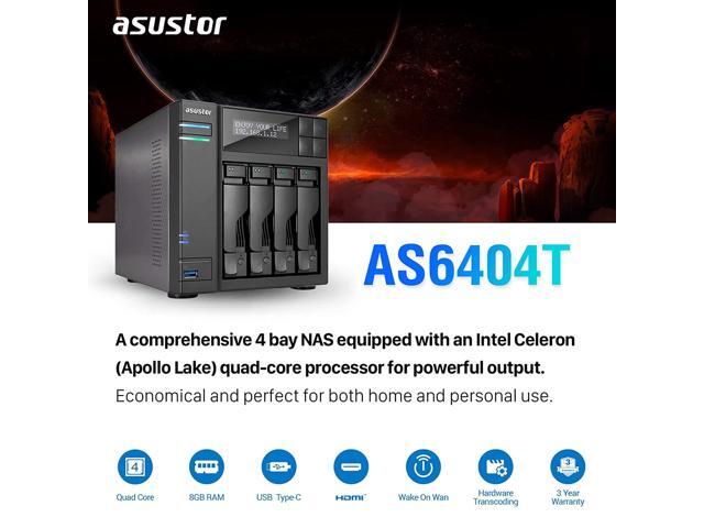 Asustor AS6404T 4 Bay NAS + Free exFAT License, 1.5GHz Quad-Core, 8GB RAM, Network Attached Storage, Home or Business Data Media Server (Diskless)