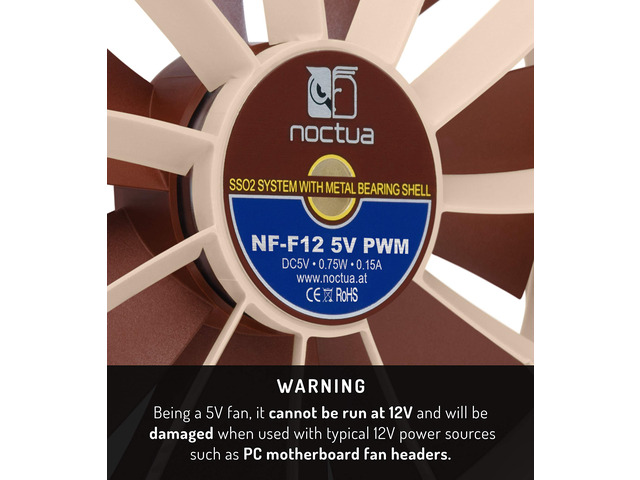 Noctua NF-F12 5V PWM, Premium Quiet Fan with USB Power Adaptor Cable, 4-Pin, 5V Version (120mm, Brown)