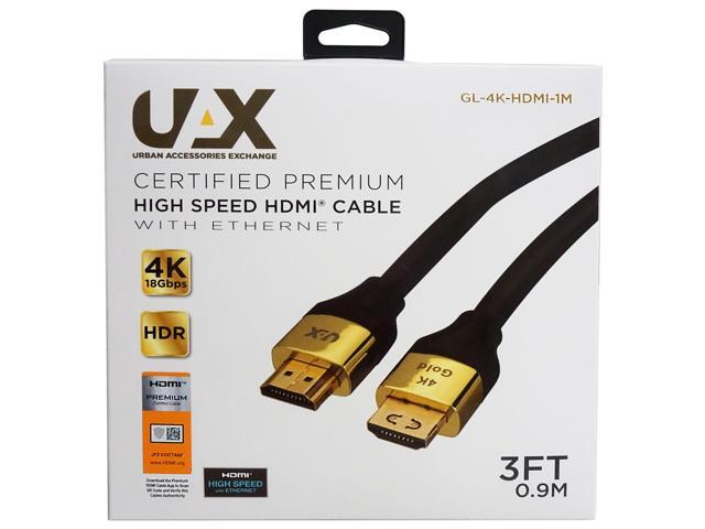 Uax - Certified Premium High Speed, 3Ft Ethernet Hdr Hdmi 4K Cable (Black)