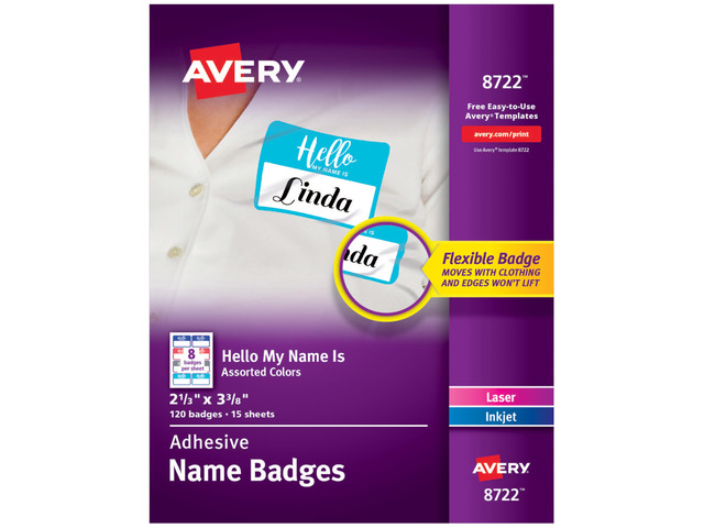 Avery 08722 Flexible Adhesive Name Badge Labels, 3 3/8' x 2 1/3', Assorted, 120/PK