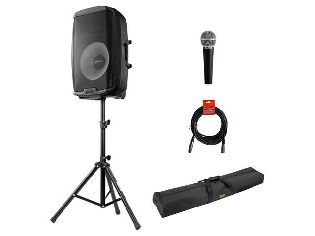 Gemini 2000W 15' Active Bluetooth Loudspeaker with Stand & Mic Bundle with Polsen M-85 Professional Microphone, Auray Speaker Stand Bag 51' and...