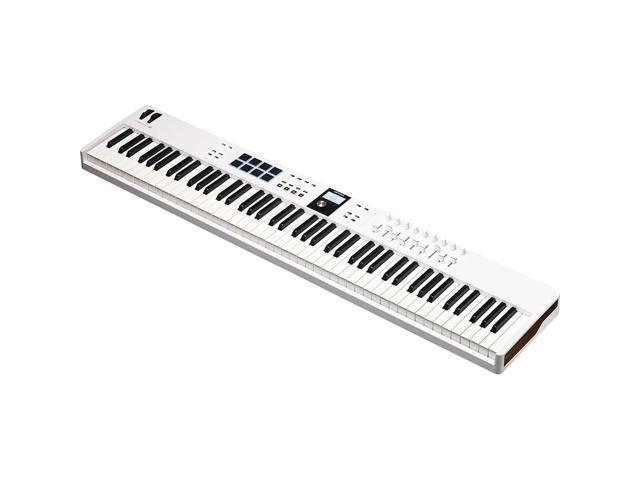 Arturia KeyLab Essential 88 mk3 88 key USB MIDI Controller with Software (White) Bundle with Auray Universal Piano-Style Sustain Pedal, Hosa Black...