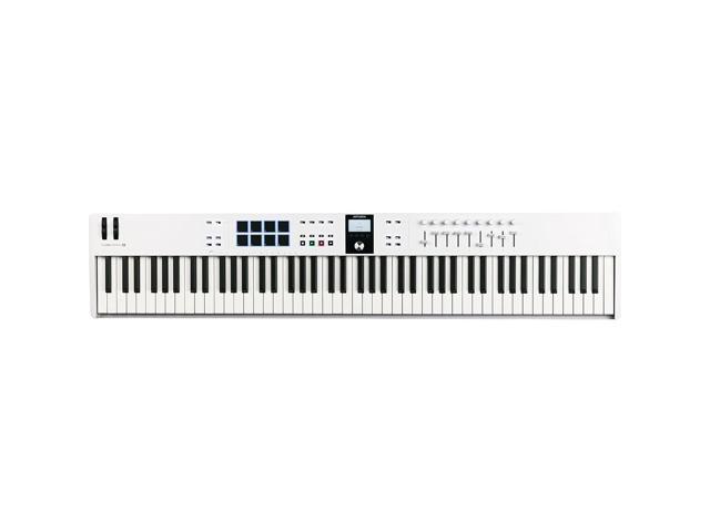 Arturia KeyLab Essential 88 mk3 88 key USB MIDI Controller with Software (White) Bundle with Auray Universal Piano-Style Sustain Pedal, Hosa Black...