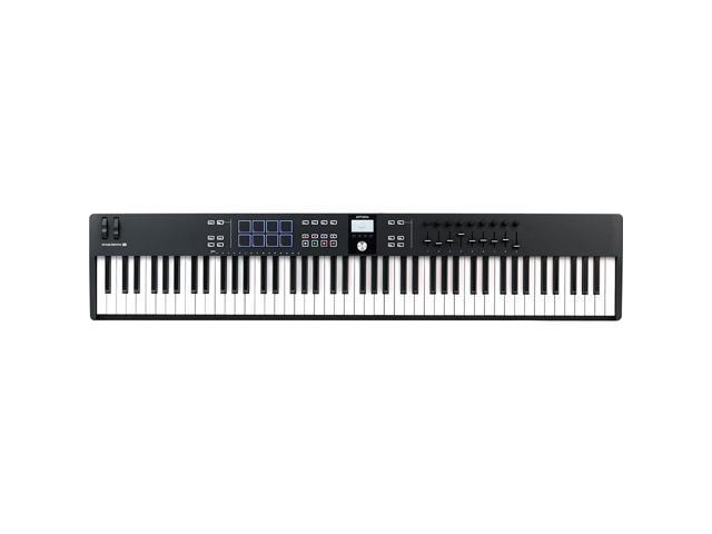 Arturia KeyLab Essential 88 mk3 88 key USB MIDI Controller with Software (Black) Bundle with Auray Universal Piano-Style Sustain Pedal, Hosa Black...