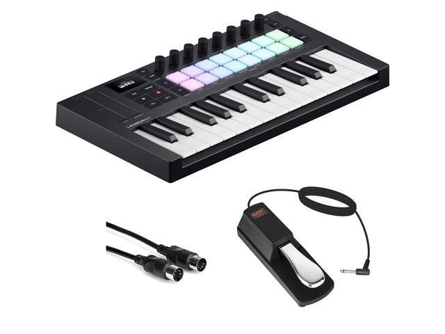 Novation Launchkey Mini 25 MK4 USB MIDI Keyboard Controller (25 Mini Keys) Bundle with Auray FP-P1L Universal Piano-Style Sustain Pedal and Hosa...