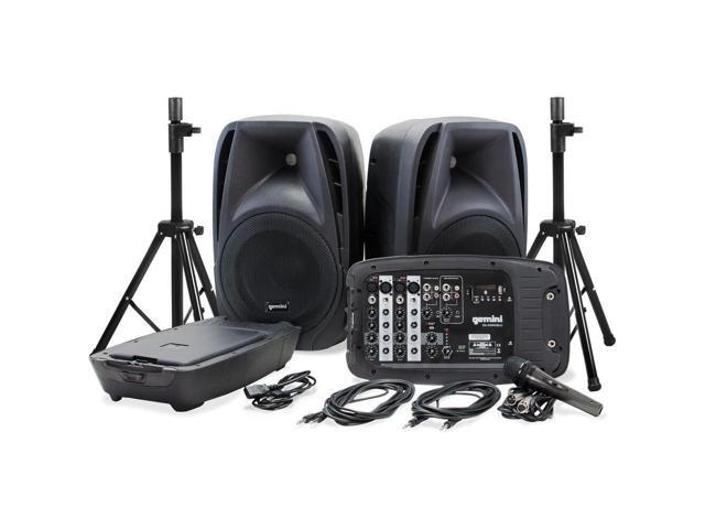 Gemini ES-210MXBLU-ST 600W 10' Portable PA System Pack with Powered Mixer, Speakers, Stands, Mic, and Cables (Pair) Bundle with Polsen Handheld...