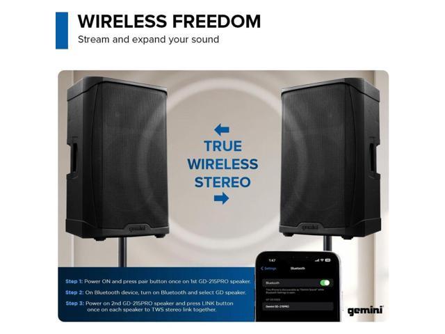 Gemini Sound GD-215PRO 1300-Watt Professional PA Speakers with Bluetooth Bundle with Auray SS-4420 Steel Speaker Stand and XLR- XLR Cable