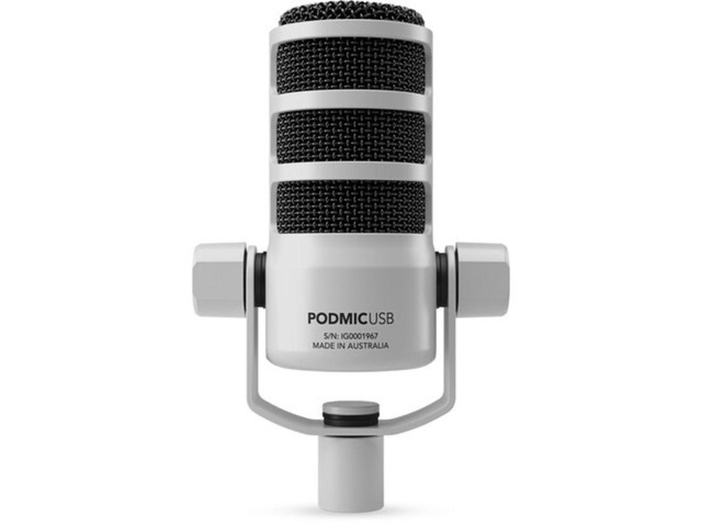 RODE PodMic USB and XLR Dynamic Broadcast Microphone (White) Bundle with Auray BAI-2N Two-Section Broadcast Arm with Internal Springs