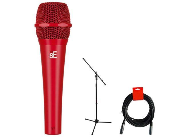 sE Electronics V7 Handheld Supercardioid Dynamic Microphone (Red) Bundle with Mic Stand with Fixed Boom, XLR- XLR Cable
