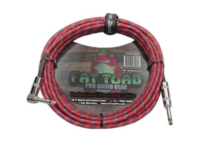 Guitar Cable Right Angled to 1/4 Straight-End Instrument Cord Tweed Cloth Jacket by FAT TOAD Braided Woven 20FT Quarter Inch Gold Jack TS for...