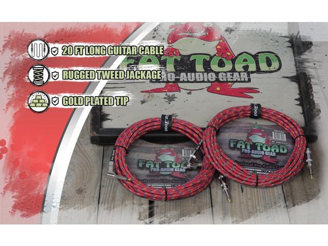 Guitar Cables (2 Pack) Right Angle to Straight-End Instrument Cord Tweed Cloth Jacket by FAT TOAD Braided Woven 20 FT 1/4 Inch Gold Jack TS for...