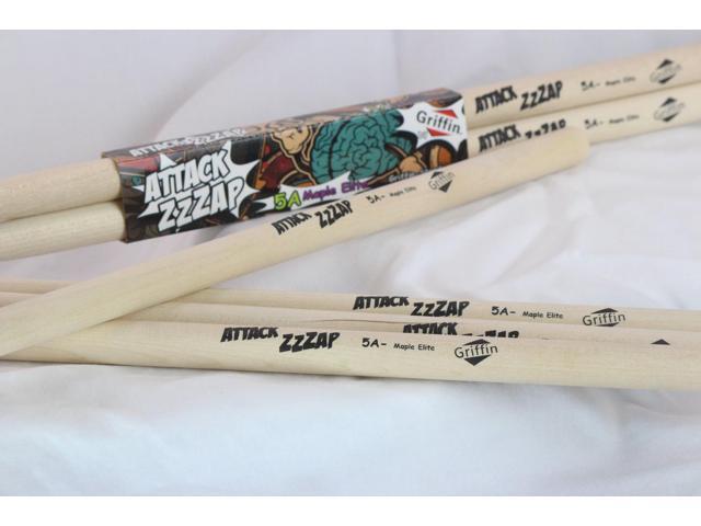GRIFFIN Attack Zzzap Drum Sticks - 4 Pairs of Select Elite Maple Wood Size 5A - Premium Balanced, Level and Straight - Drummers Percussion Classic...