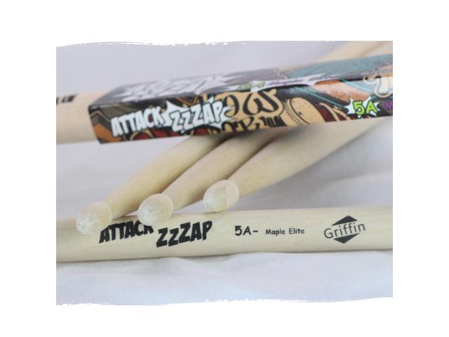 GRIFFIN Attack Zzzap Drum Sticks - 4 Pairs of Select Elite Maple Wood Size 5A - Premium Balanced, Level and Straight - Drummers Percussion Classic...