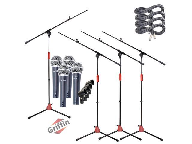 Microphone Stand with Telescoping Boom Arm, 20 Ft XLR Cable (Pack of 4) by GRIFFIN Handheld Dynamic Mic & Clip DJ Pro-Audio Cardioid Singing...