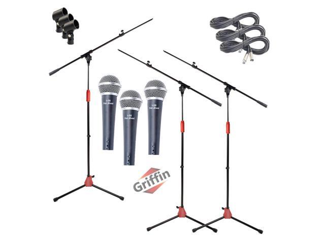 GRIFFIN Microphone Boom Stand & Cardioid Wired Mic, XLR Cable, & Clip (Pack of 3) Telescoping Arm Holder, Tripod Legs Karaoke Vocal Singing...