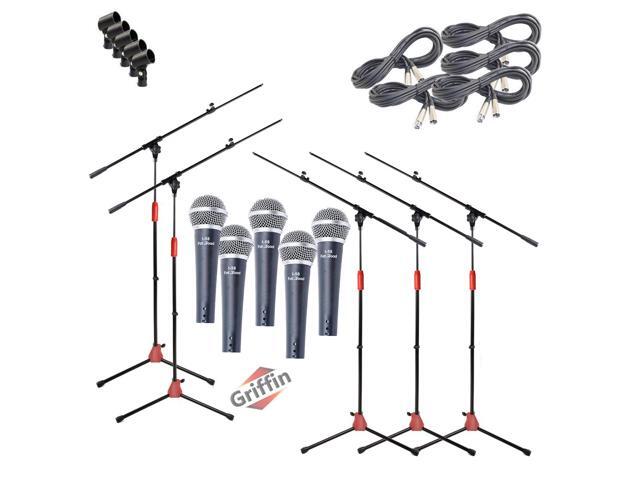 GRIFFIN Microphone Stand Package of 5 with Vocal Unidirectional Mics & XLR Cables Handheld Cardioid Dynamic Microphones for Home Studio...