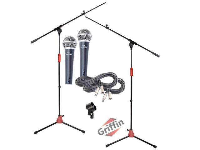GRIFFIN Microphone Boom Stand, Cardioid Dynamic Mic, XLR Cable, & Clip (Pack of 2) Telescoping Arm Holder Tripod Mount Vocal Unidirectional...