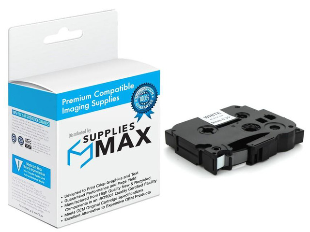 SuppliesMAX Compatible Replacement for Brother Black on White Laminated P-Touch Label Tape (3/8in X 26.25Ft/9mm x 8m) (TZE-221)