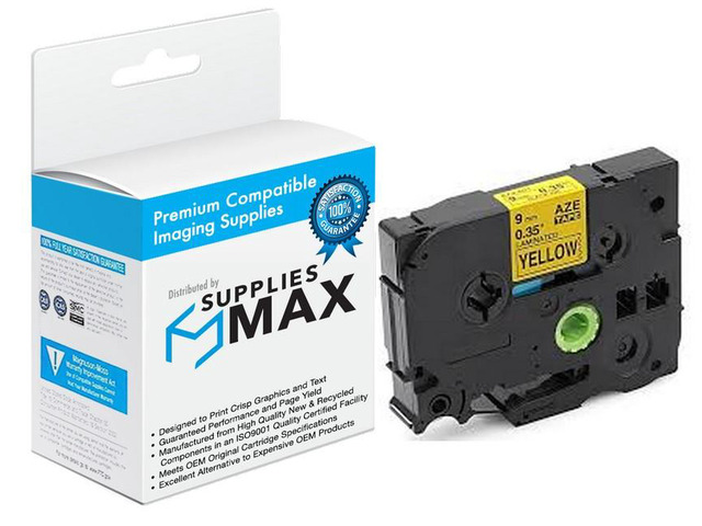 SuppliesMAX Compatible Replacement for Brother Black on Yellow Laminated P-Touch Label Tape (3/8in X 26.25Ft/9mm x 8m) (TZE-621)