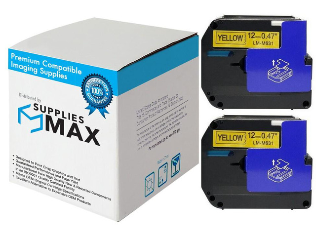 SuppliesMAX Compatible Replacement for Brother Black on Yellow Non-Laminated P-Touch Label Tape (2/PK-1/2in x 26Ft./12mm x 8m) (M-631_2PK)