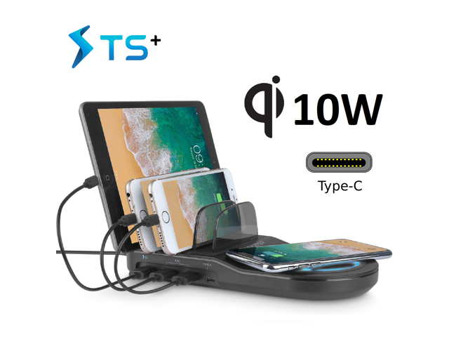Techsmarter 5-Port USB Charging Station With 10W Wireless Charger Pad, 18W USB Port & Two 12W USB Ports. For iPhone 15, 14, 13, 12, 11, iPad,...