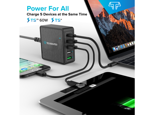 Techsmarter USB C PD Wall Charger, 5-Port Desktop Charger with 60W Power Delivery, 18W TS+ Fast Charge & Three 12W USB Ports. Compatible with...