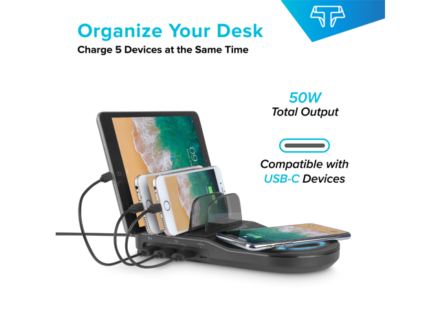 Techsmarter 5-Port USB Charging Station With 10W Wireless Charger Pad, 18W USB Port & Two 12W USB Ports. For iPhone 15, 14, 13, 12, 11, iPad,...