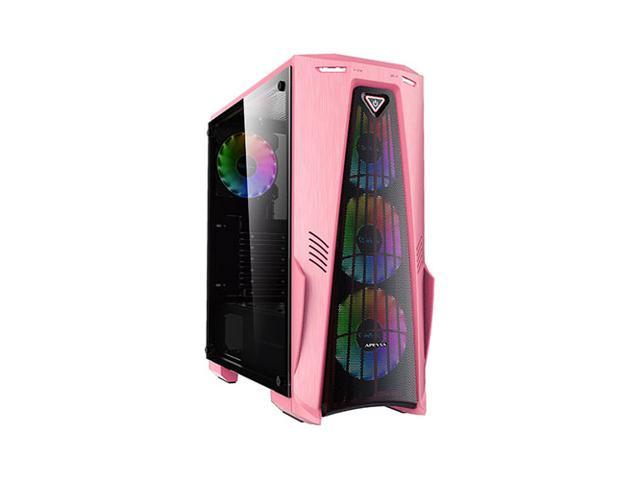 Apevia CRUSADER-F-PK Mid Tower Gaming Case with 1 x Full-Size Tempered Glass Panel, Top USB3.0/USB2.0/Audio Ports, 4 x Frostblade RGB Fans, Pink Frame