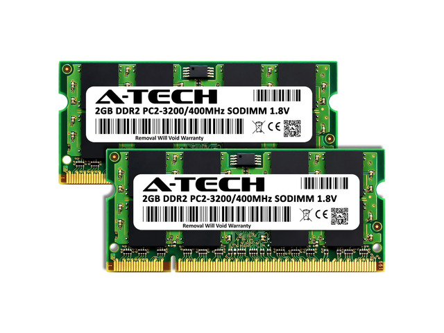 A-Tech 4GB (2x2GB) DDR2 400MHz SODIMM PC2-3200 Non-ECC Unbuffered CL3 1.8V 200-Pin SO-DIMM Laptop Notebook Computer RAM Memory Upgrade Kit
