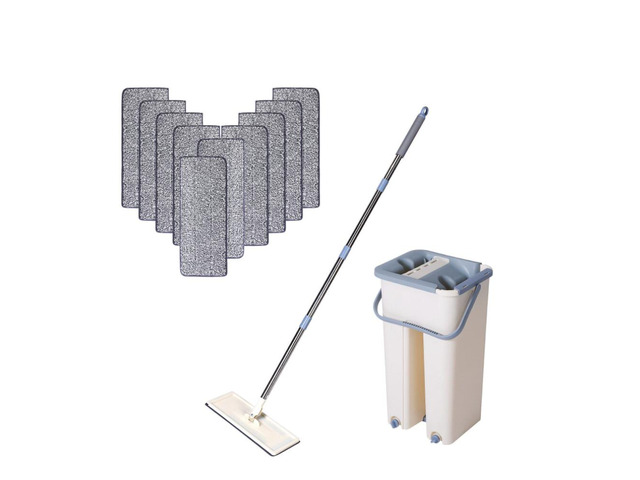 US 1 Sets Flat Mop Bucket System Reusable Microfiber Pads Cleaning Wet Dry Use