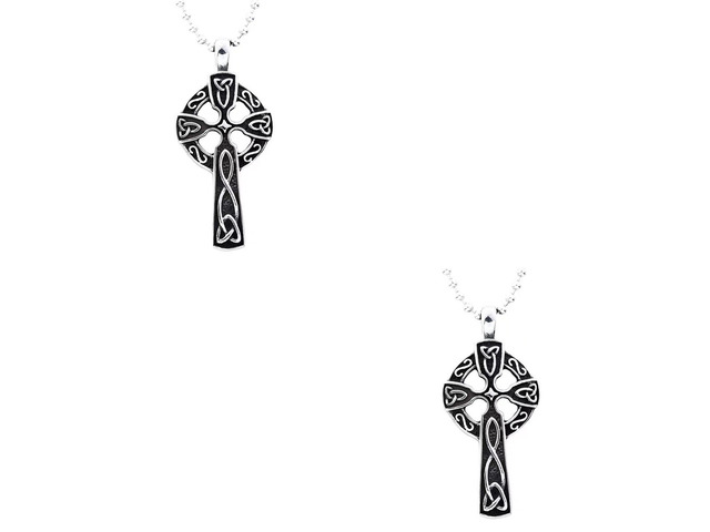 US 2 Pack Mens Stainless Steel Irish Celtic Knot Cross Pendant Necklace Silver
