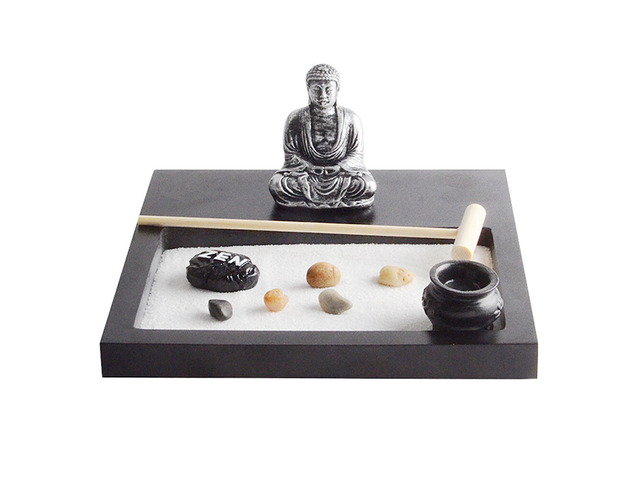 US Tabletop Mini Meditation Zen Garden w/ Pavilion statue Rock Venues Rake Sand