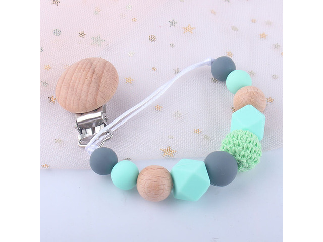 US 1-2 Pack Baby Pacifier Clip Chain Binky Holder Teething Beads Wooden Silicone