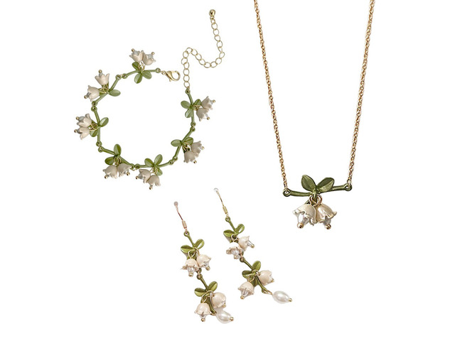 US Lily of the Valley Orchid Earring Bracelet Necklace Floral Dangle Jewelry Set