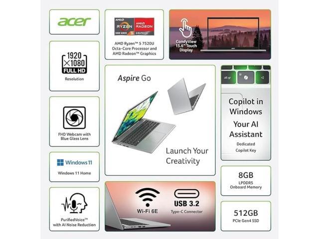 Acer Aspire Touchscreen 15.6' Full HD Ryzen 5 7520 512GB 8GB Windows 11 Home Silver