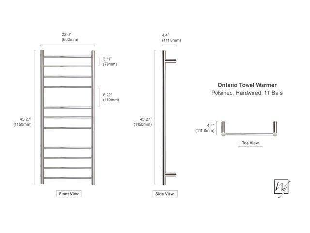 Ontario XL Towel Warmer, Polished, Hardwired 11 Bars