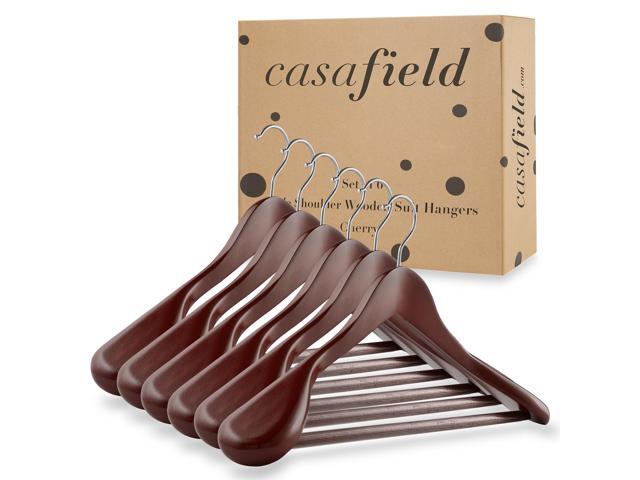 Casafield - 6 Cherry Wide Shoulder Wooden Suit Hangers - Premium Lotus Wood, Non-Slip Pant Bar & Chrome Swivel Hook for Dress Clothes, Coats,...